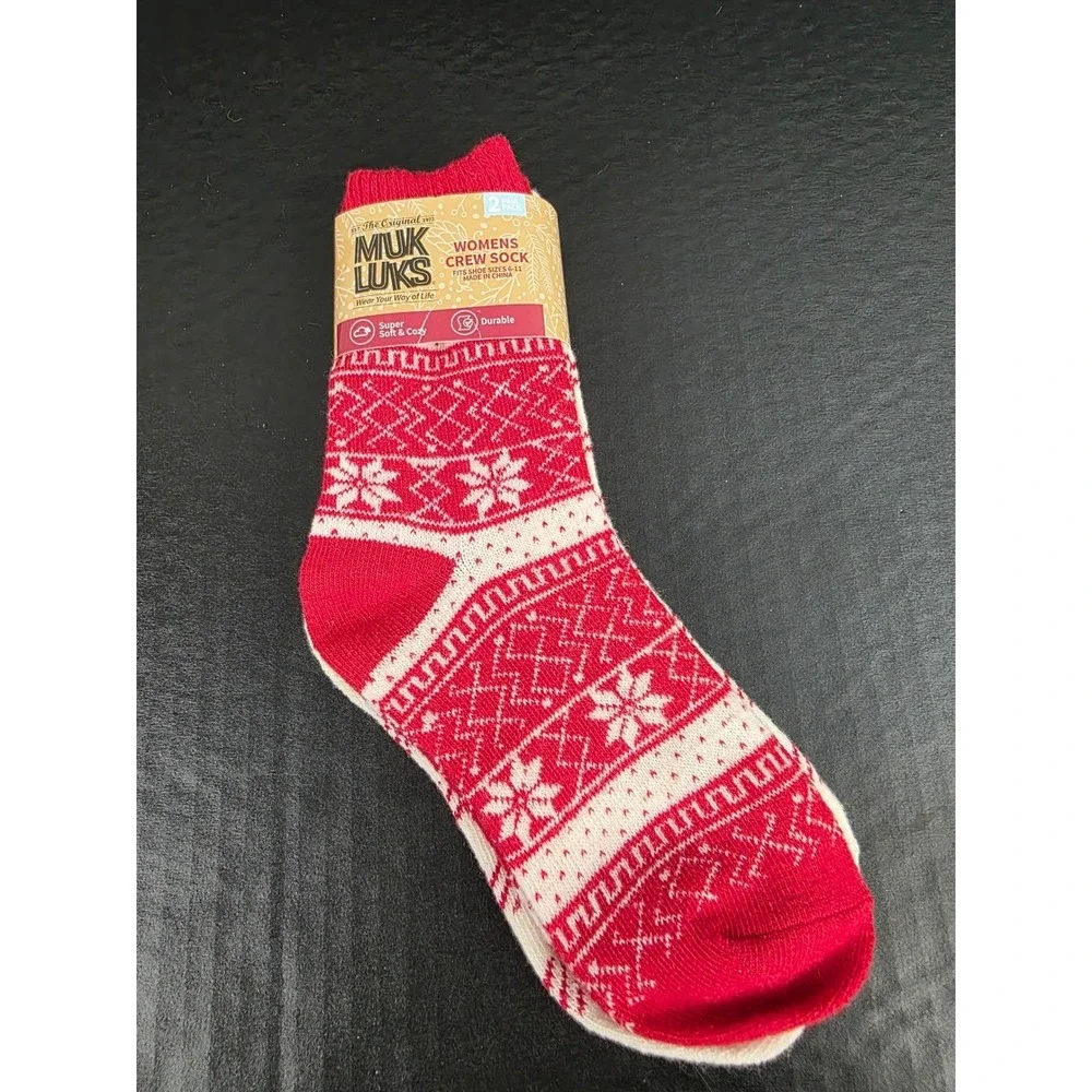Muk‎ Luks Womens Crew Socks 2 Pack Red White Fair Isle Plaid OSFM 2200011-601